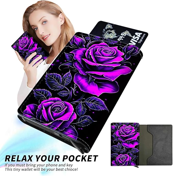 Minimalist Wallet for Men's Card Holders, Pop-Up Card Case Durable Wallets for Women, Leather Automatic Credit Card Holder with Metal Money Clip RFID Blocking Bifold Pocket, Purple Rose 01