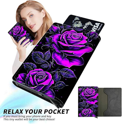 Minimalist Wallet for Men's Card Holders, Pop-Up Card Case Durable Wallets for Women, Leather Automatic Credit Card Holder with Metal Money Clip RFID Blocking Bifold Pocket, Purple Rose 01