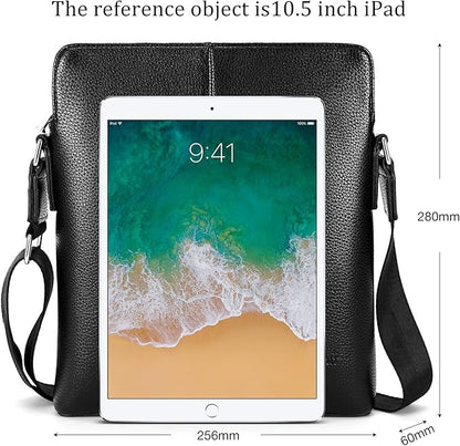 YumSur Mens Shoulder Bag, Leather Messenger Handbag Crossbody Bag for Men Purse iPad Bag for Business Office Work School with Adjustable Strap Black