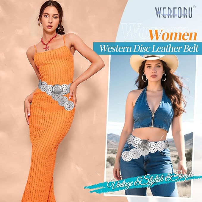 WERFORU Women Vintage Leather Belt Western Disc Waist Belts Ladies Western Belt Boho Belt for Dress Jean-