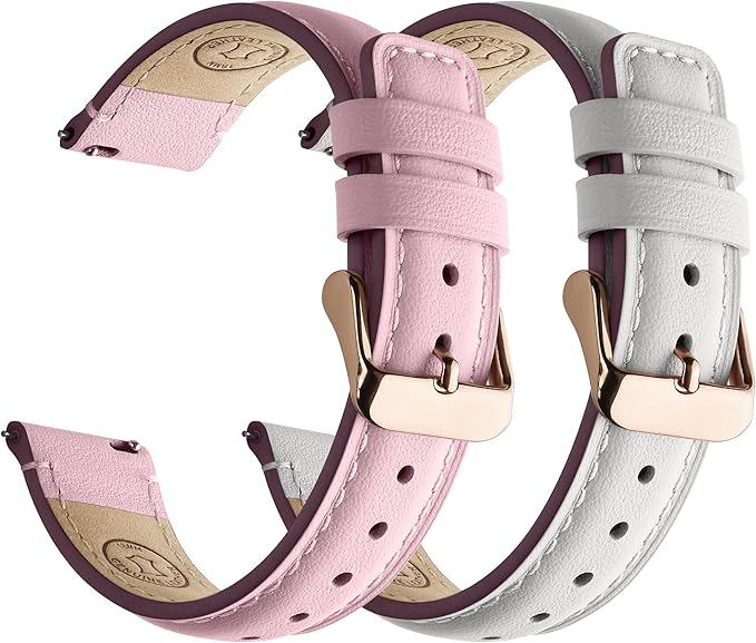 Fullmosa 18mm 20mm 22mm 24mm Leather Watch Bands, 2 Pack Soft Quick Release Watch Strap Compatible with Garmin Vivoactive 5/6/4/3, Venu 4/3S/2S, Samsung Galaxy Fossil Amazfit for Men Women,18mm White+Pink/Rose+Rose
