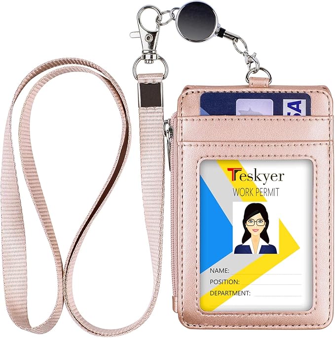 Teskyer Leather Badge Holder with Lanyard and Retractable Badge Reel, 4 Card Slots ID Card Holder with 1 Zipper Pocket for Office School Name Work IDs, Rose Gold