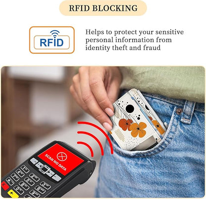 Hancynir Slim Wallet Women Credit Card Holder Abstract Boho Flower RFID Small Mini Card Case Front Pocket PU Leather Thin Travel Zipper Coin Cash ID Window Ladies Female Wallet Gifts