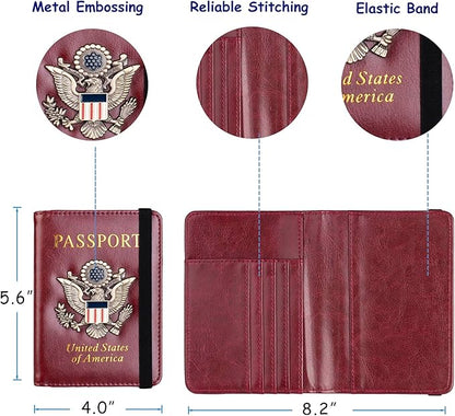TOURSUIT RFID Blocking Passport Holder for Women Men, Leather Passport Travel Wallet with Metal 3D Metal Badge, Travel Document Holder Cover Accessories (Rose Red)