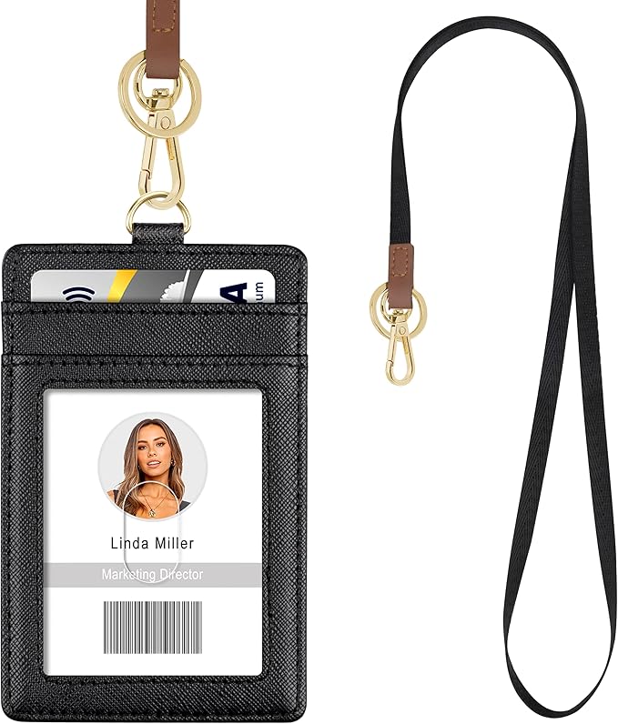 Azrra Lanyards for id ID Badges, Lanyard with 1 ID Holder and 4 Credit Card Slots, Vertical PU Leather Badge Holder with a Detachable Neck Strap, Black