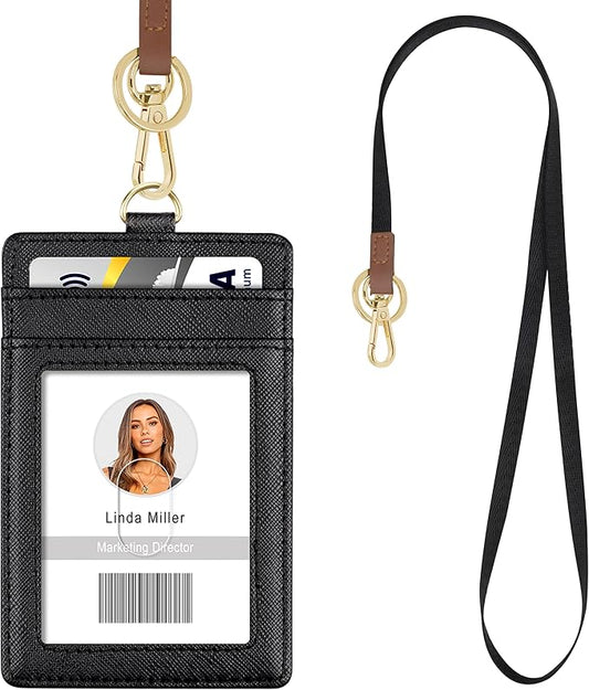 Azrra Lanyards for id ID Badges, Lanyard with 1 ID Holder and 4 Credit Card Slots, Vertical PU Leather Badge Holder with a Detachable Neck Strap, Black