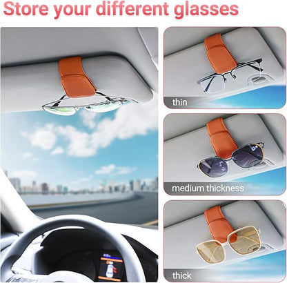 KanSmart Sunglass Holder for Car Visor Sunglasses Clip Magnetic Leather Glasses Eyeglass Holder Truck Car Interior Accessories Universal for Woman Man -Orange