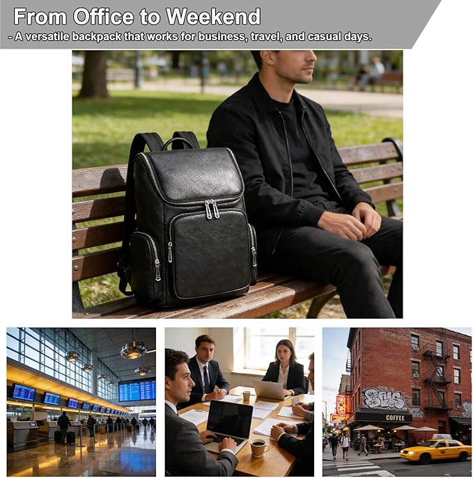 Genuine Leather Black Backpack - 15.6 Inch Business Laptop Backpack for Men & Women, Multi-Compartment Ergonomic Shoulder Bag for Office, Travel