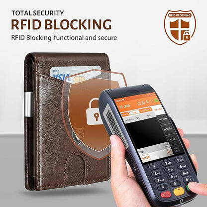 GSOIAX Slim Leather RFID Bifold Wallet for Men Minimalist Front Pocket Wallet with Money Clip,12 Card Slots,ID Window,Cool Groove Design,Includes Gift Box (Leather Brown)