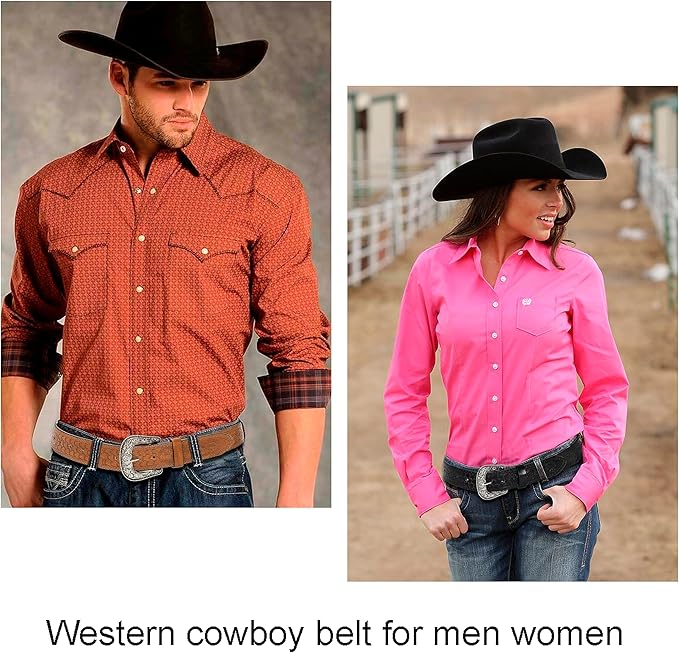Mealah Vintage Western-Cowboy-Belt for Women Men - Carved Buckle PU Leather Waist Belts (for Waist 28"-38")