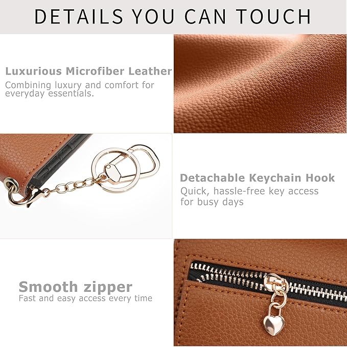 Women Small Wallet RFID Blocking Slim Wallet with Coin Pocket Tri-Fold Credit Card Holder with ID Window and Keychain(Brown＆Black)