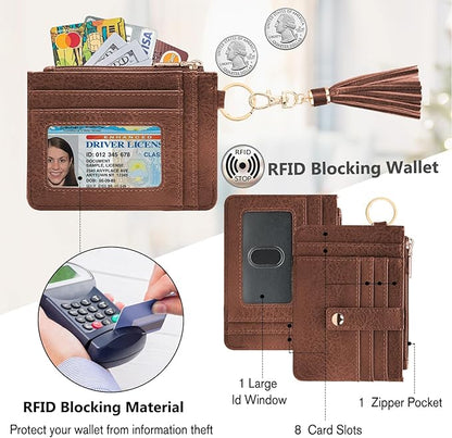 KNGITRYI Wallet Keychain Wristlet for Women,Slim RFID Credit Card Holder Purse Tassel Keychain Bangle Key Ring for Men Women