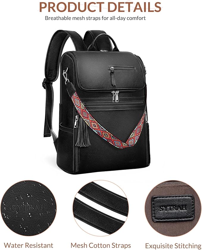 SYTRAH Leather Laptop Backpack for Women Designer Laptop Bag, 16.5 inch Travel Computer Backpacks Purse with Tassel for Work Business with Satchel Purse Black