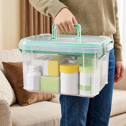 Goaste 15QT Clear Medicine Organizer Box with Handle, Plastic Medicine Container with Detachable Tray, Portable First Aid Bin Empty, Multipurpose Medical Storage Case for Home, Craft Supplies, Green
