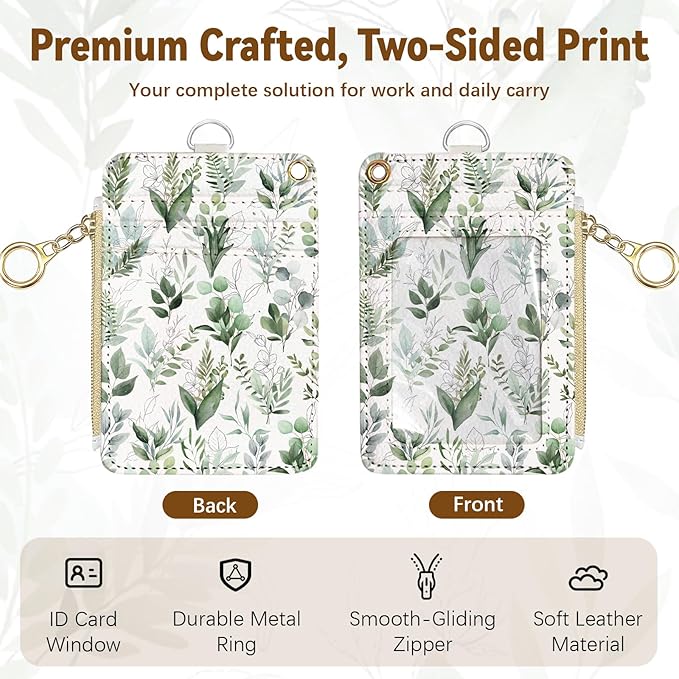 Cute Leather Badge Holder with Zipper Pocket, Leaves Lanyards and 1 Zip Pocket and 4 Card Slots, Breakaway Lanyards with Metal Clasp for Offices, Staff, Adult, Employees