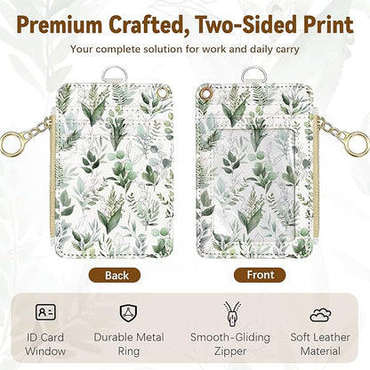 Cute Leather Badge Holder with Zipper Pocket, Leaves Lanyards and 1 Zip Pocket and 4 Card Slots, Breakaway Lanyards with Metal Clasp for Offices, Staff, Adult, Employees