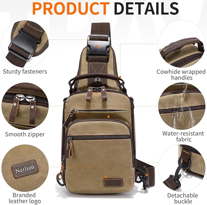 Nerlion Sling Bag for Men Waxed Canvas Crossbody Bag Chest Bag Water Resistant Shoulder Bag Casual Daypack