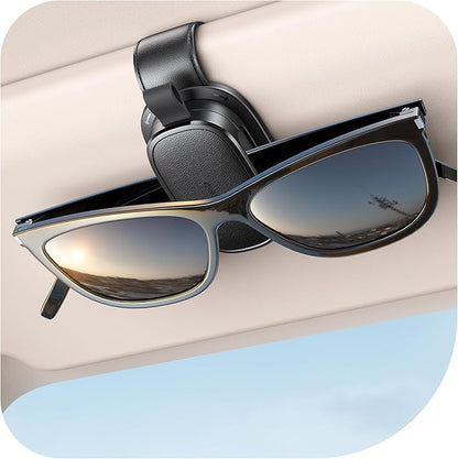 Sunglass Holder for Car, Chfeila Upgrade 360° Rotating & One-Hand Operation Magnetic Glasses Clip, Leather Sun Eyeglass Visor Organizer, Scratch-Free Eyewear Hanger for Car Accessories Gadgets - Black