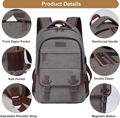Mactso Canvas Travel Laptop Backpack for Men Women, Business Work Rucksack College School Computer Bag Fits 15.6 Inch Notebook,Bookbag with USB Charging Port (Grey, 15.6 Inch)