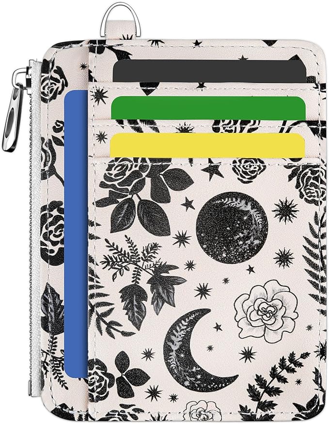 Hancynir Goth Moon Floral Slim Wallet Women Credit Card Holder Gothic Flower RFID Blocking Small Cute Card Wallets Mini Front Pocket PU Leather Thin Travel Zipper Coin Cash Ladies Female Wallet Gifts