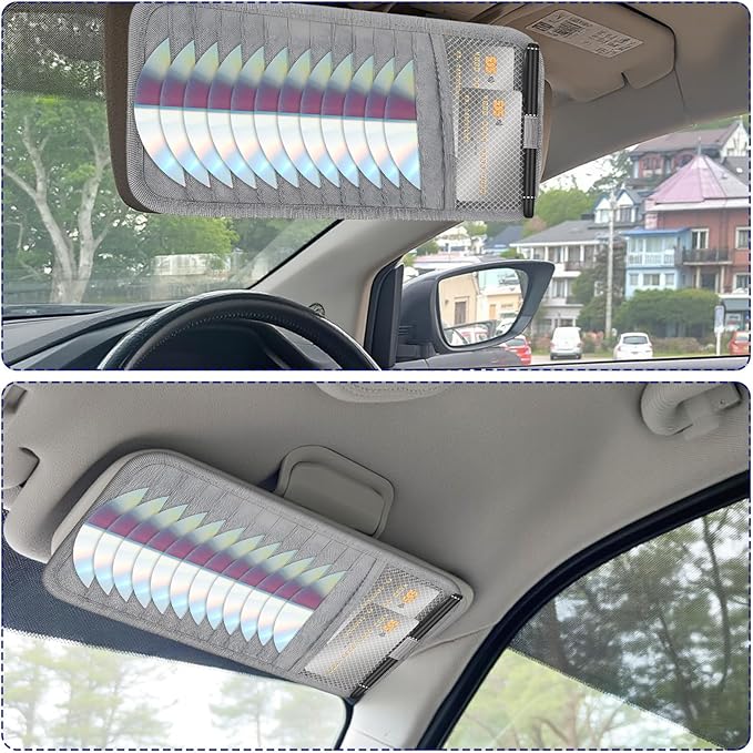 CD Visor Holder for Car, DVD Vehicle Visor Storage Organizer Gray Large Capacity CD Case with 12 Storage Sleeves, 1 Mesh Pocket, 1 Pen Loop & Elastic Strap