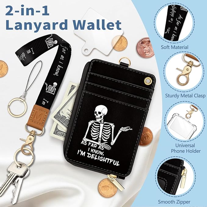 Lanyard Wallet with Id Badge Holder, Skeleton RFID Small Keychain Wallet Women Wristlet, Funny Zipper Credit Card Holder Phone Wrist Neck Strap for Key Name Tag, Teacher Student Office Gifts