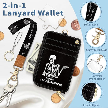 Lanyard Wallet with Id Badge Holder, Skeleton RFID Small Keychain Wallet Women Wristlet, Funny Zipper Credit Card Holder Phone Wrist Neck Strap for Key Name Tag, Teacher Student Office Gifts