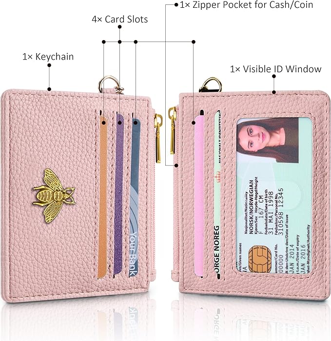 SEAVILIA Card Holder Keychain Wallet for Women with ID Window RFID Blocking Coin Purse Bee Gifts Slim Minimalist Small PU Leather