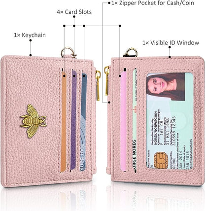 SEAVILIA Card Holder Keychain Wallet for Women with ID Window RFID Blocking Coin Purse Bee Gifts Slim Minimalist Small PU Leather