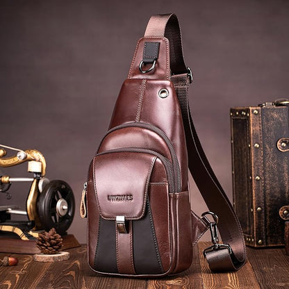 LUKZIJAES Genuine Leather Sling Bag for Men Vintage Crossbody Bag Men Chest Pack Mens Cross Shoulder Bags Hiking Daypacks Travel Backpack (#2-Coffee)
