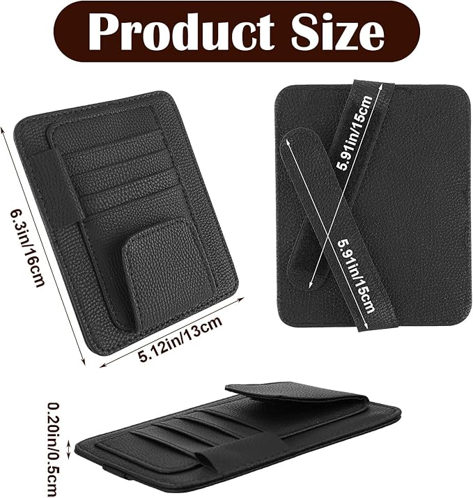 Small Leather Car Sun Visor Organizer with Storage Pouch & Sunglasses Clip, Auto Card Holder Registration/Insurance Slot, Credit Card Pockets, Automotive Interior Organizer for Cars Sun Visor(Black)