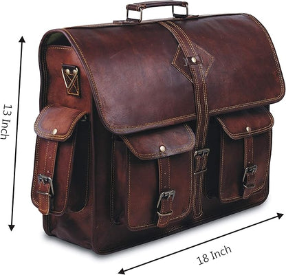 Vintage Leather Laptop Bag for Men Full Grain Large Leather Messenger bag for men 18 inches with rustic look Brown briefcase (Brown)