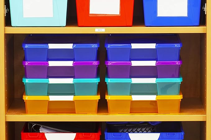 Storex Classroom Craft Project Box – Stacking Plastic Organizer Fits 12x12 Scrapbooking Paper, Blue, 5-Pack (63203U05C)