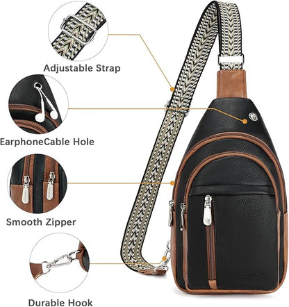 BOSTANTEN Sling Bag for Women Leather Crossbody Bag Vintage Cross Body Purse for Travel with Guitar Strap, Bohemian Style
