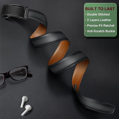 BULLIANT Mens Ratchet Belt,Leather Adjustable Slide Belt For Gift Mens Dress Casual 1 3/8",Size Adjustable