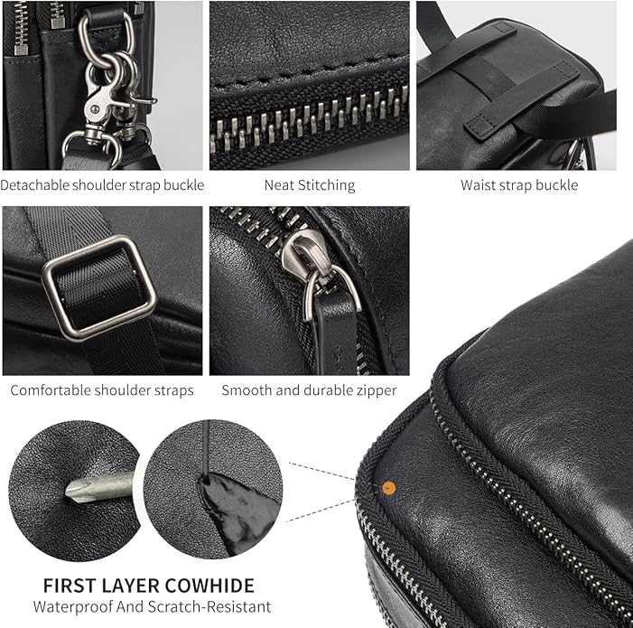 Augus Leather Messenger Crossbody Shoulder Bag for Men Work Business Casual Adjustable Straps (Black-1)