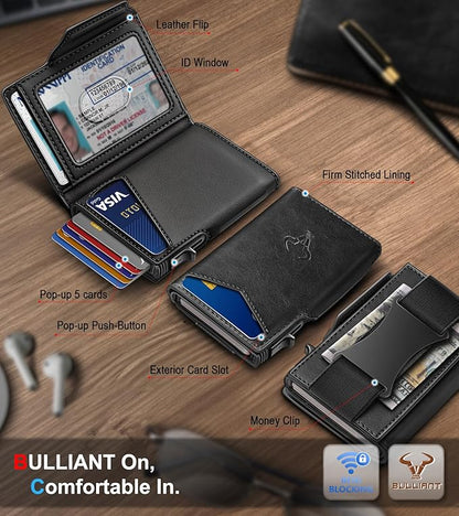 BULLIANT Men Wallet Gift Boxed,Slim Front Pocket Wallet Money Clip Card Holder 3.8"x2.7",Pop-up Access