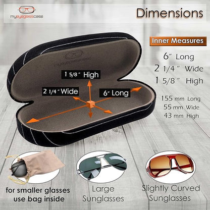 MyEyeglassCase - Large Sunglasses Case - Hard Glasses Case Holder w/Pouch & Cloth - Eyeglass Case Aviator Frames Men & Women