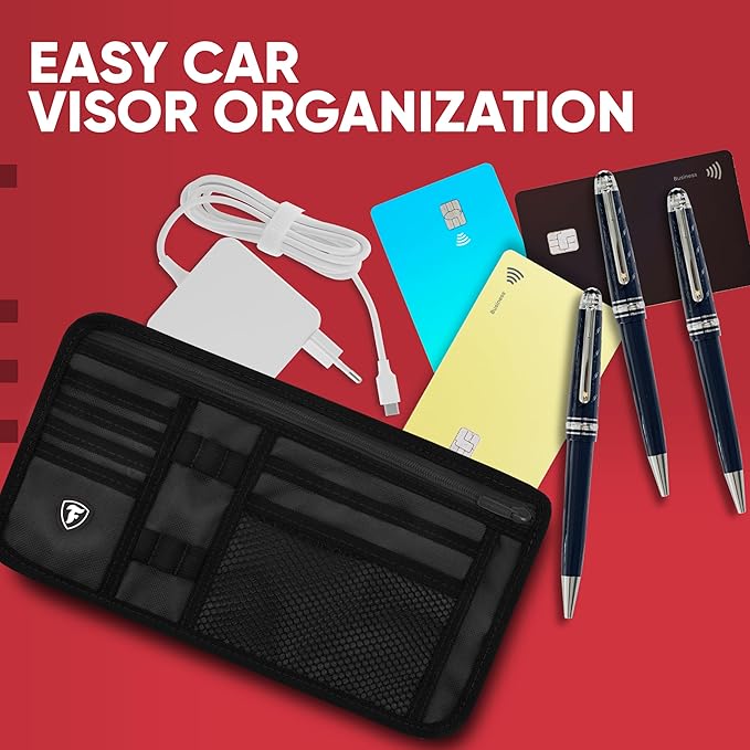 Firestone 1 Pack Sun Visor Organizer Car Accessories for Men & Women, Multi Pocket Visor Storage with Pockets & Card Slots, Eyeglass Holder, Document Holder & Pen Slots - Fits Most Vehicles