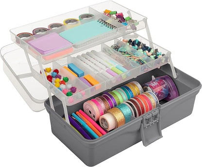 Stalwart - 14” Plastic Tackle Box Organizer - 3-Layer Portable Sewing Box, Art Caddy, Craft Storage, First Aid Medicine Utility Toolbox or Hair Accessories Organizer with Latch and Handle (Gray)