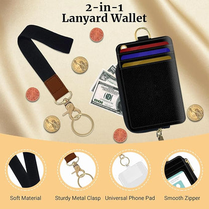 2-in-1 ID Badge Holder & Lanyard Wallet,Multi Use Womens Small Wallet with Zipper Pocket for Women Men with Wristlet and Neck Lanyard 5 Card Slots Work Essential (Black)