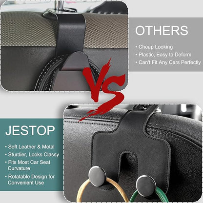 JESTOP Car Headrest Hook, Bags Hanger for Car, Leatehr Car Double Hooks for Purses and Bags, Car Hanger Storage Holder for Handbag Coat Umbrella, Car Inside Accessories