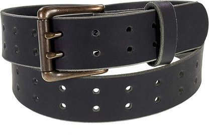 Men’s Classic Leather Belt, Double Prong Retro Style, Antique Brass Buckle, 1 ½” Width, Amish handmade in the USA