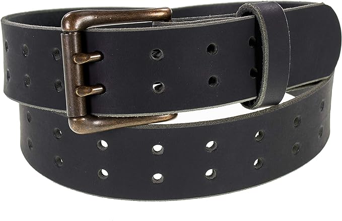 Men’s Classic Leather Belt, Double Prong Retro Style, Antique Brass Buckle, 1 ½” Width, Amish handmade in the USA