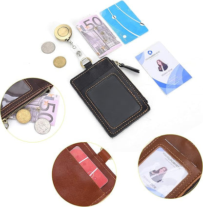 Wonderpool Leather ID Badge Holder with Zipper Wallet Pouch - Card Slots Case Detachable Neck Lanyard and Retractable Badge Reel for Office School Hospital Exhibition ID (Coffee)