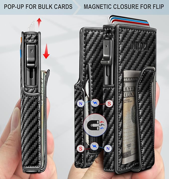 miyozi Wallet for Men, Magnetic Minimalist Slim Wallet with Pop Up Card Holder, 9 Cards RFID Blocking Metal Credit Card Case, Leather Wrapped Money Clip, ID Window & Small Item Slot, Gift Boxed