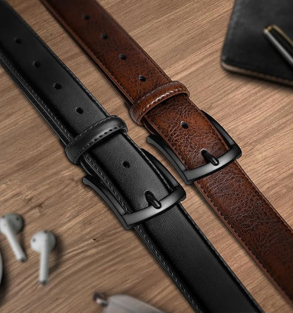 BULLIANT Men Belt 2Pack-Leather Belt 7Holes Comfortable For Men's Dress Casual Jeans 1 3/8"