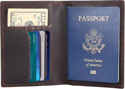 Polare Slim RFID Blocking Leather Passport Holder Travel Bifold Wallet For Men (Dark Brown with AirTag Slot)