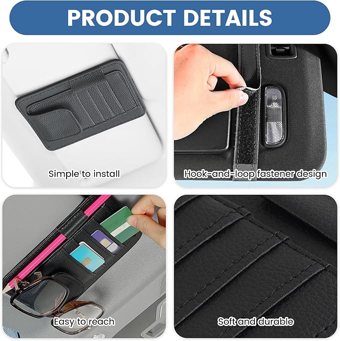 PU Leather Sun Visor Organizer, Car Visor Sunglasses Holder with Card and Pen Pockets, Universal Sunvisor Organizer for Car Truck SUV, Interior Accessories Storage (2PCS)