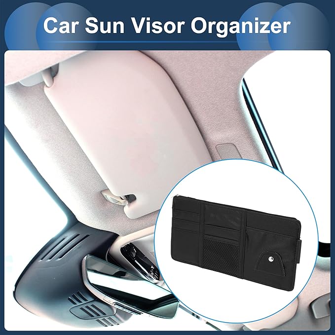 Car Sun Visor Organizer, Auto Visor Storage Pouch with Zipper W/Elastic Slot with Sunglasses Holder for Cards License Pen Organizer PU Leather Black